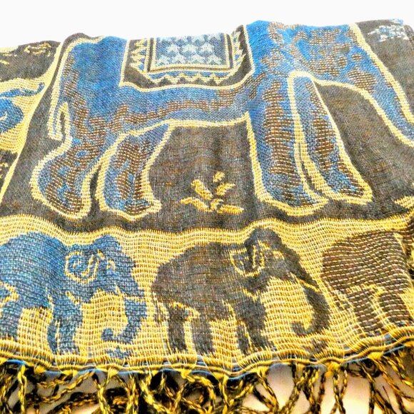 Silk Cashmere Scarf Long Blue Brown Thailand Gold Emboss Elephant Lucky Romantic - Picture 2 of 8